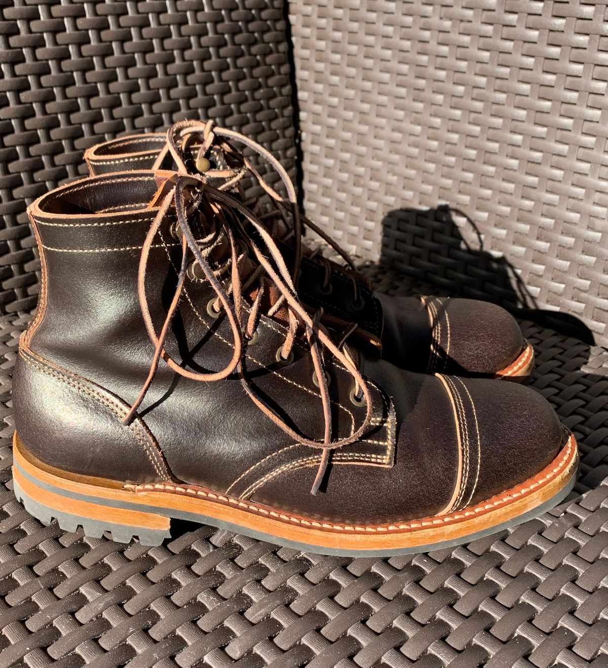 Photo by knottedlaces on December 3, 2024 of the Truman Cap Toe Boot in Horween Java Waxed Flesh.