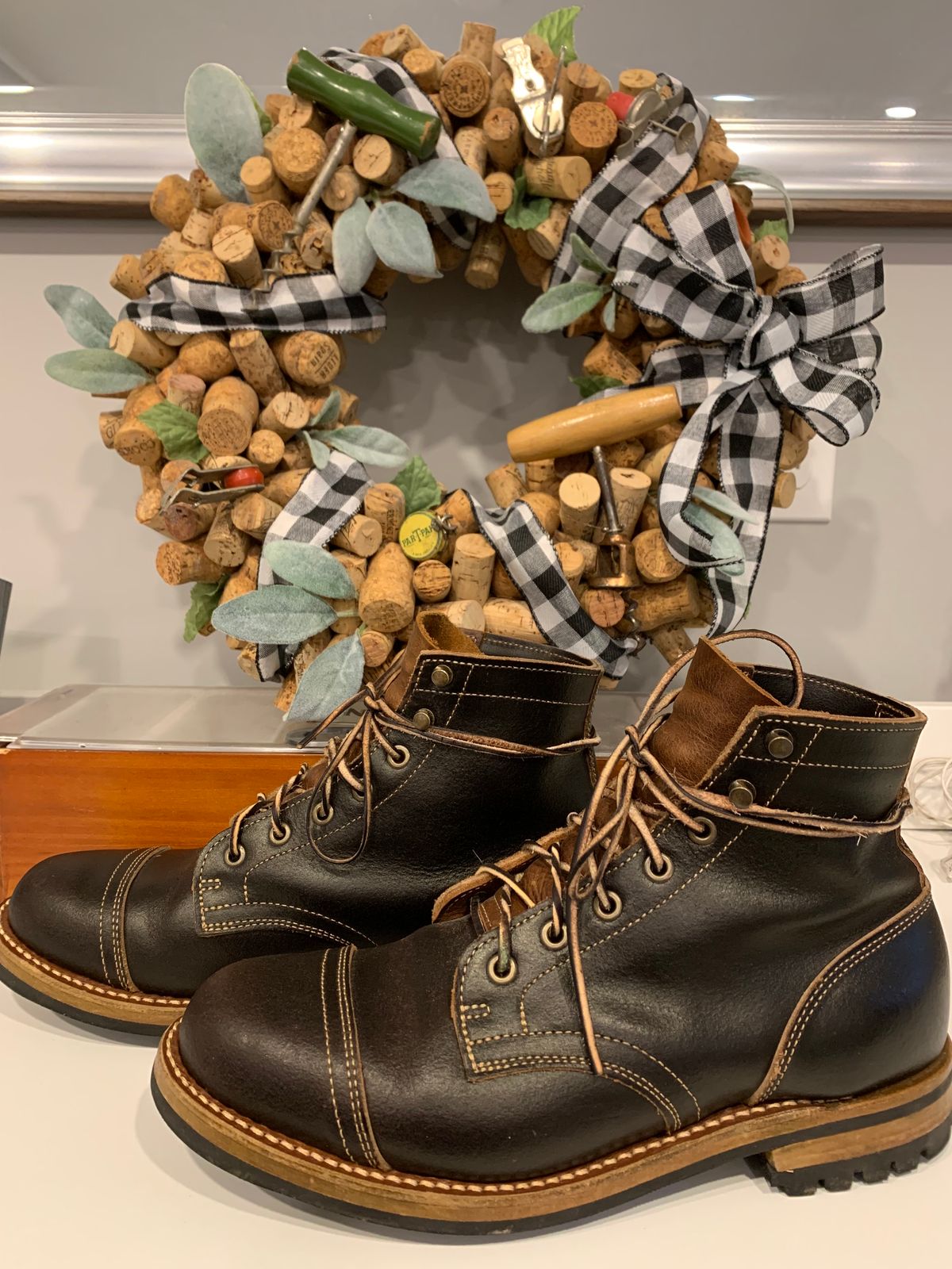 Photo by knottedlaces on January 2, 2025 of the Truman Cap Toe Boot in Horween Java Waxed Flesh.