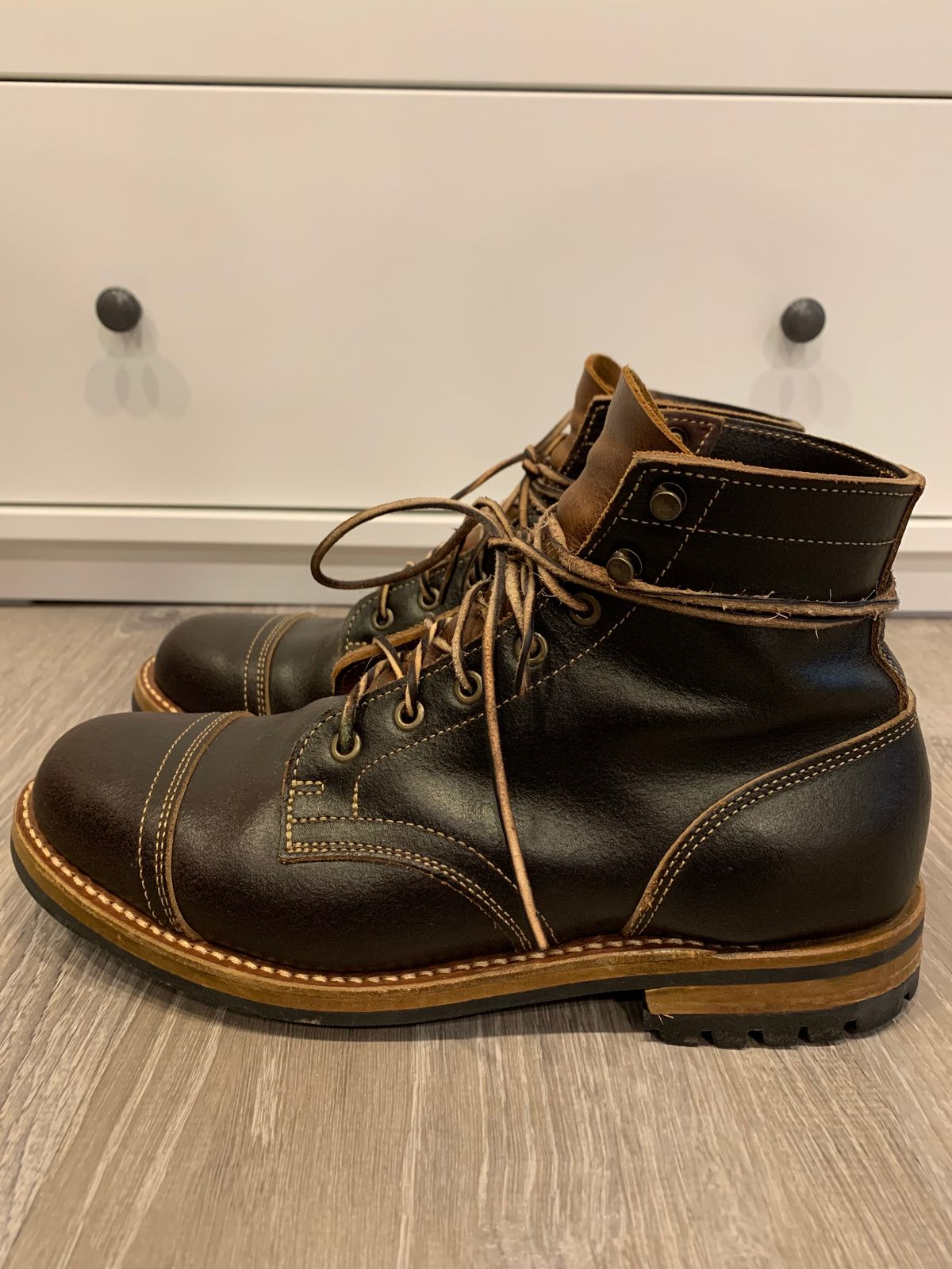Photo by knottedlaces on January 2, 2025 of the Truman Cap Toe Boot in Horween Java Waxed Flesh.