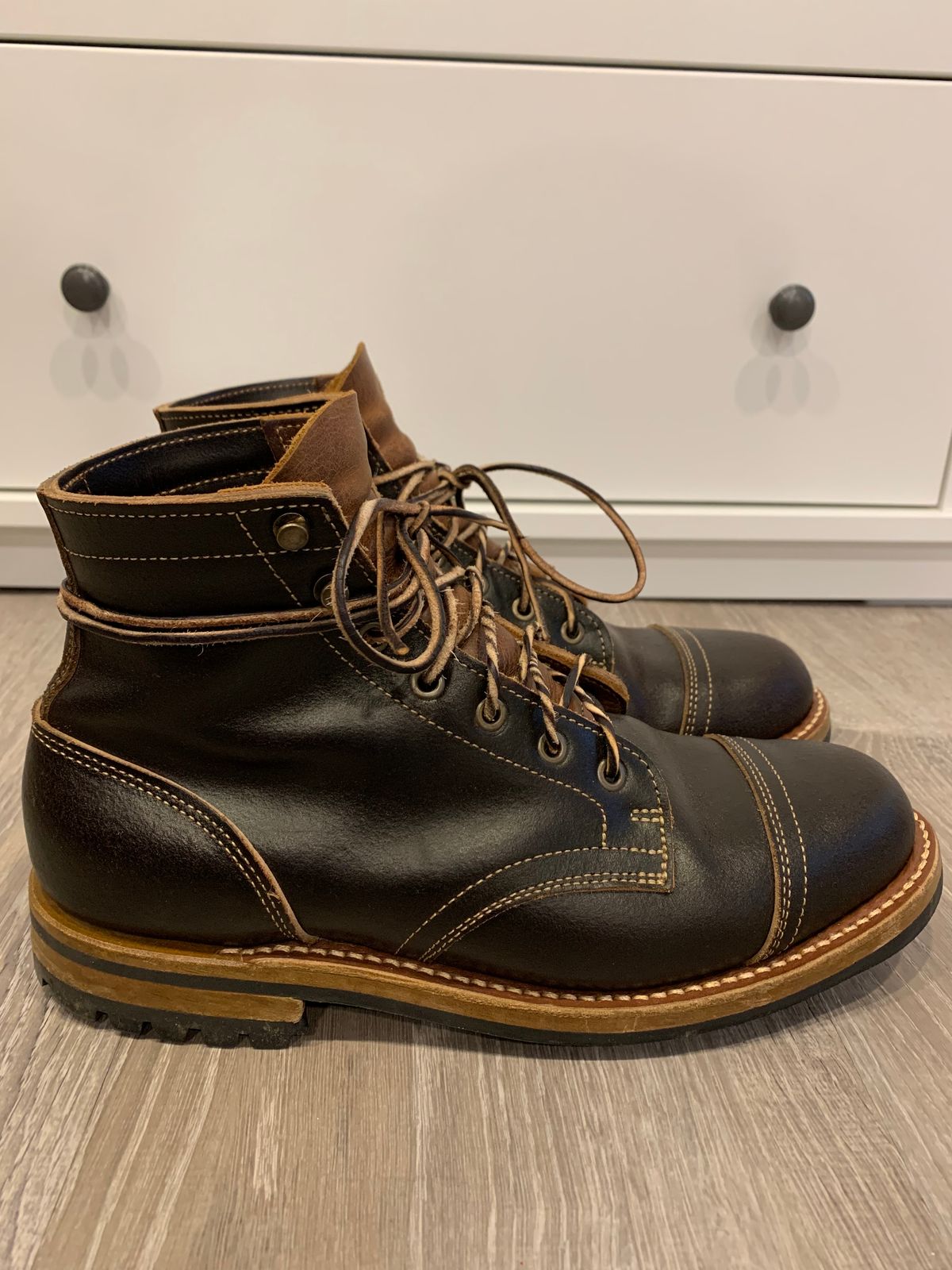 Photo by knottedlaces on January 2, 2025 of the Truman Cap Toe Boot in Horween Java Waxed Flesh.