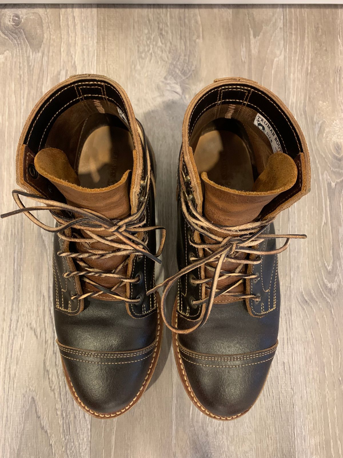Photo by knottedlaces on January 2, 2025 of the Truman Cap Toe Boot in Horween Java Waxed Flesh.