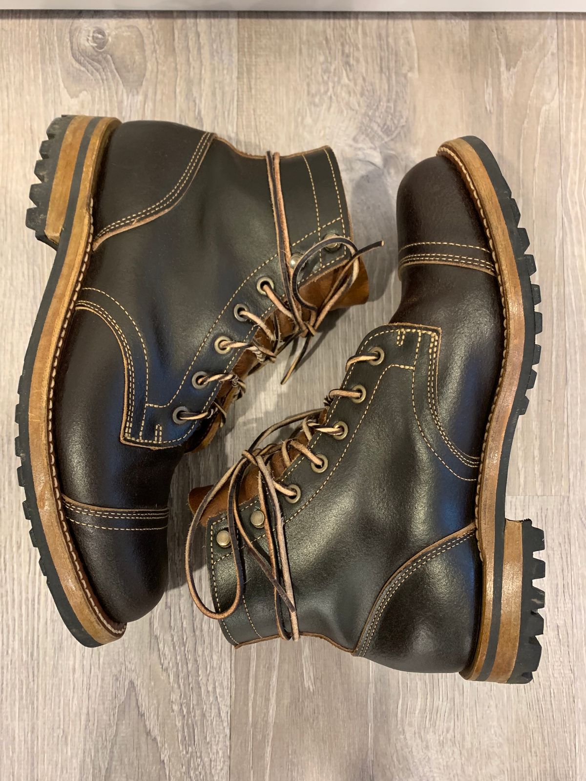Photo by knottedlaces on January 2, 2025 of the Truman Cap Toe Boot in Horween Java Waxed Flesh.