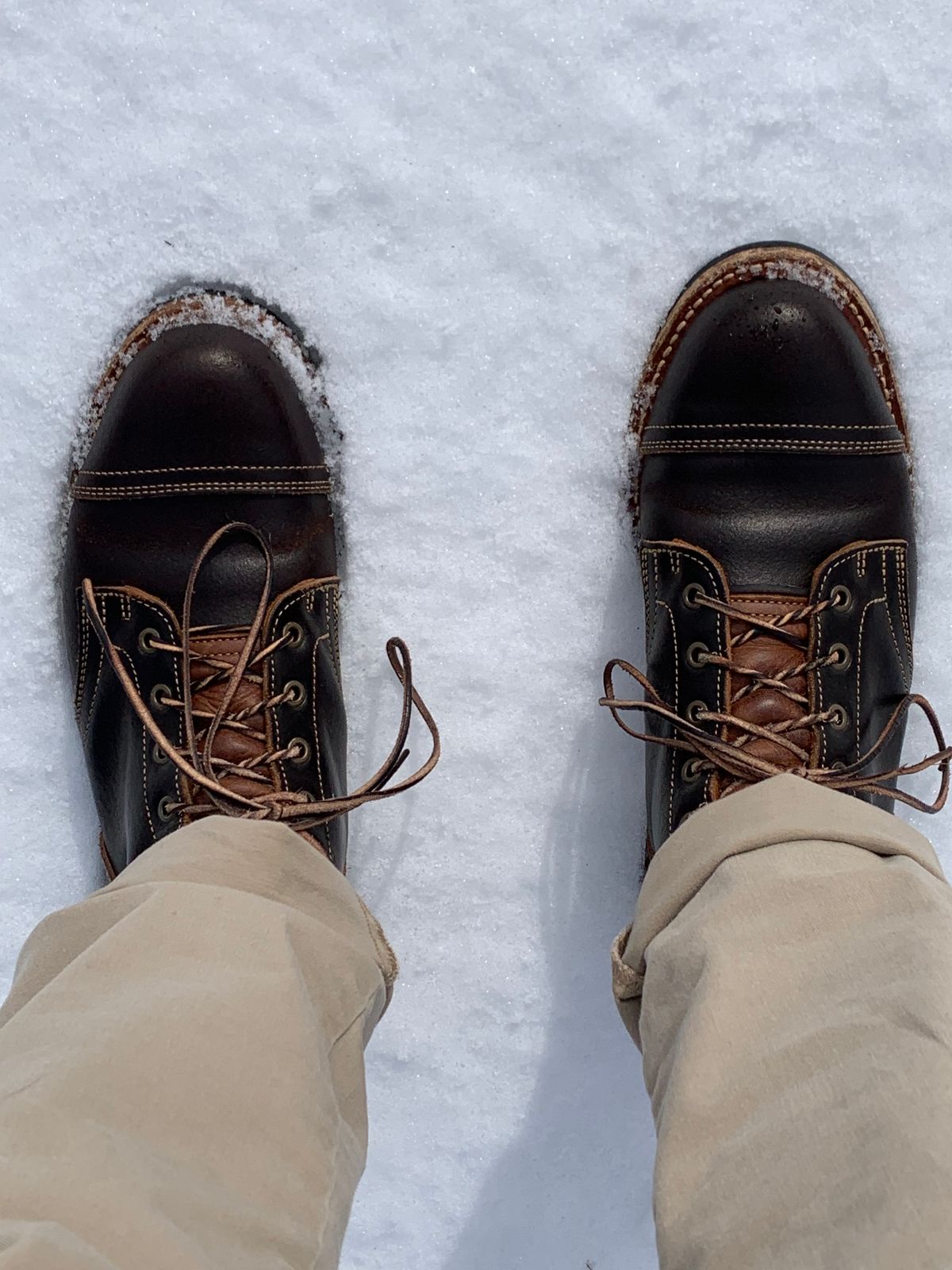 Photo by knottedlaces on February 2, 2025 of the Truman Cap Toe Boot in Horween Java Waxed Flesh.