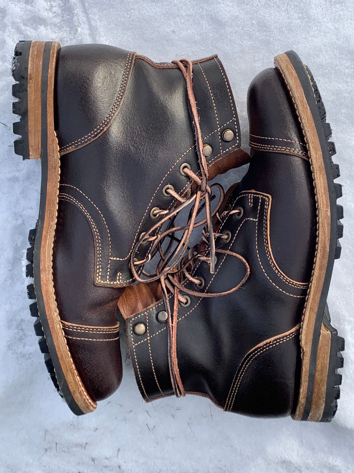 Photo by knottedlaces on February 2, 2025 of the Truman Cap Toe Boot in Horween Java Waxed Flesh.