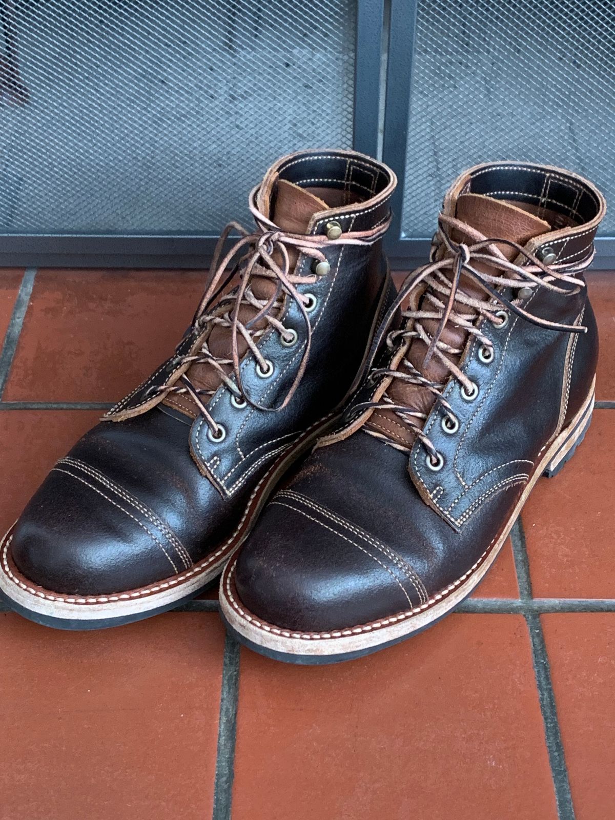 Photo by knottedlaces on March 3, 2025 of the Truman Cap Toe Boot in Horween Java Waxed Flesh.