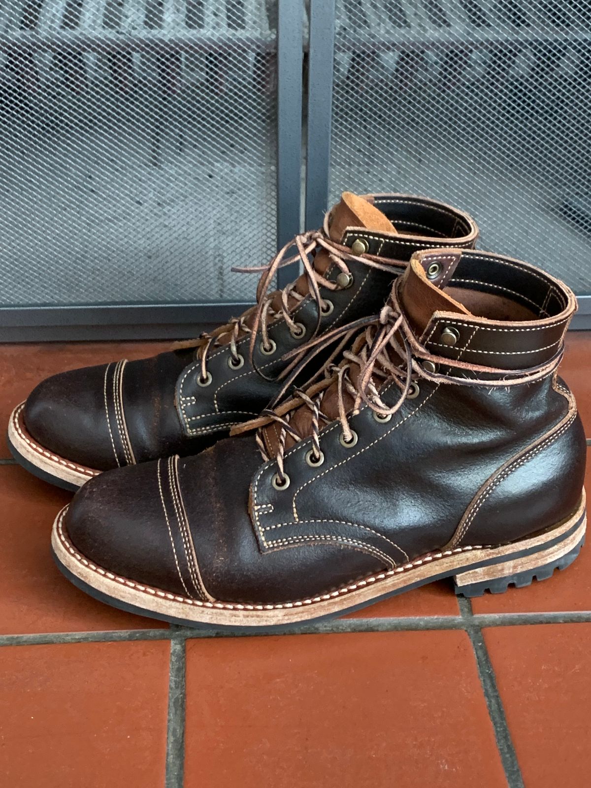Photo by knottedlaces on March 3, 2025 of the Truman Cap Toe Boot in Horween Java Waxed Flesh.