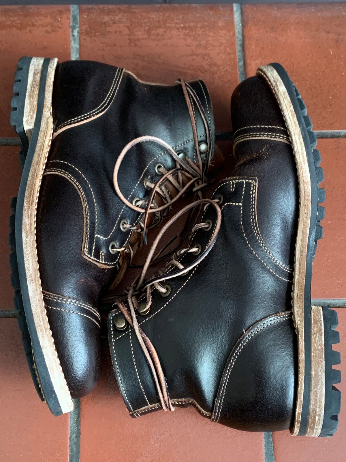 Photo by knottedlaces on March 3, 2025 of the Truman Cap Toe Boot in Horween Java Waxed Flesh.