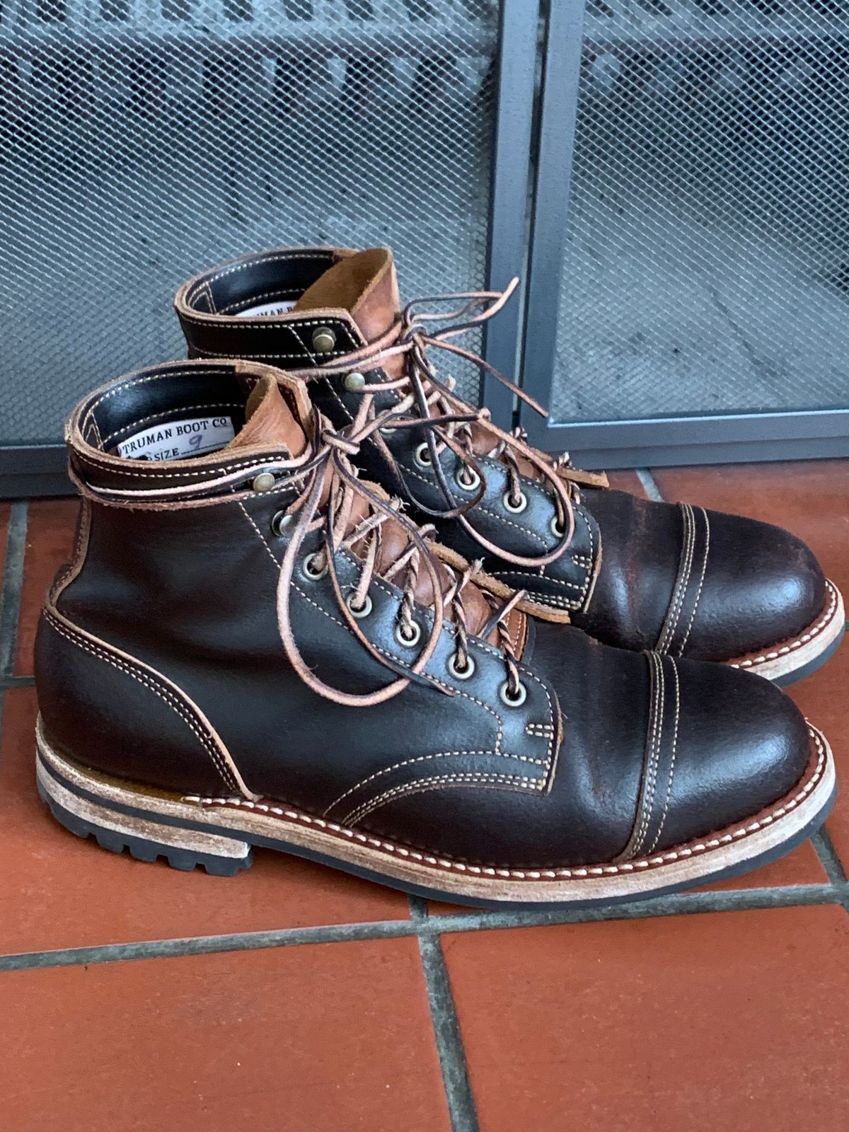 Photo by knottedlaces on March 3, 2025 of the Truman Cap Toe Boot in Horween Java Waxed Flesh.