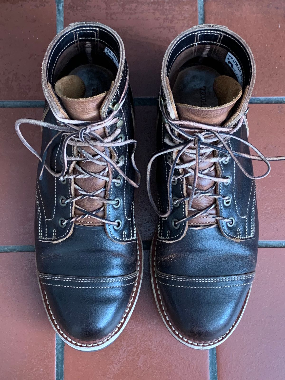 Photo by knottedlaces on March 3, 2025 of the Truman Cap Toe Boot in Horween Java Waxed Flesh.