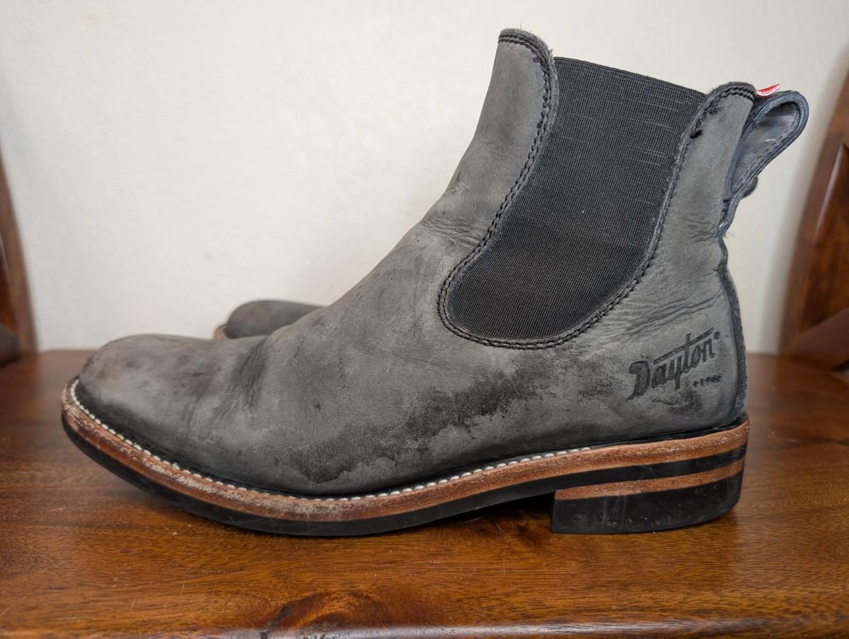 Photo by kylakristine4 on March 6, 2025 of the Dayton Boots Wholecut Chelsea in Charcoal Nubuck.