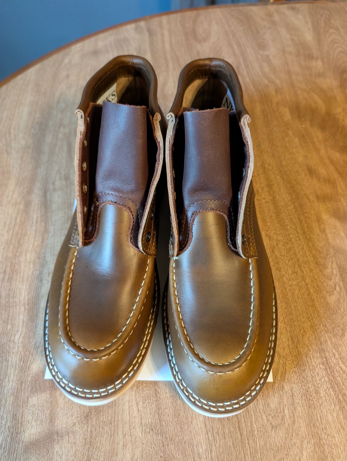 Photo by ilkhan on July 11, 2025 of the Nicks Aldert Strider Moc Toe in Nicks / Horween Shackleton Cognac.