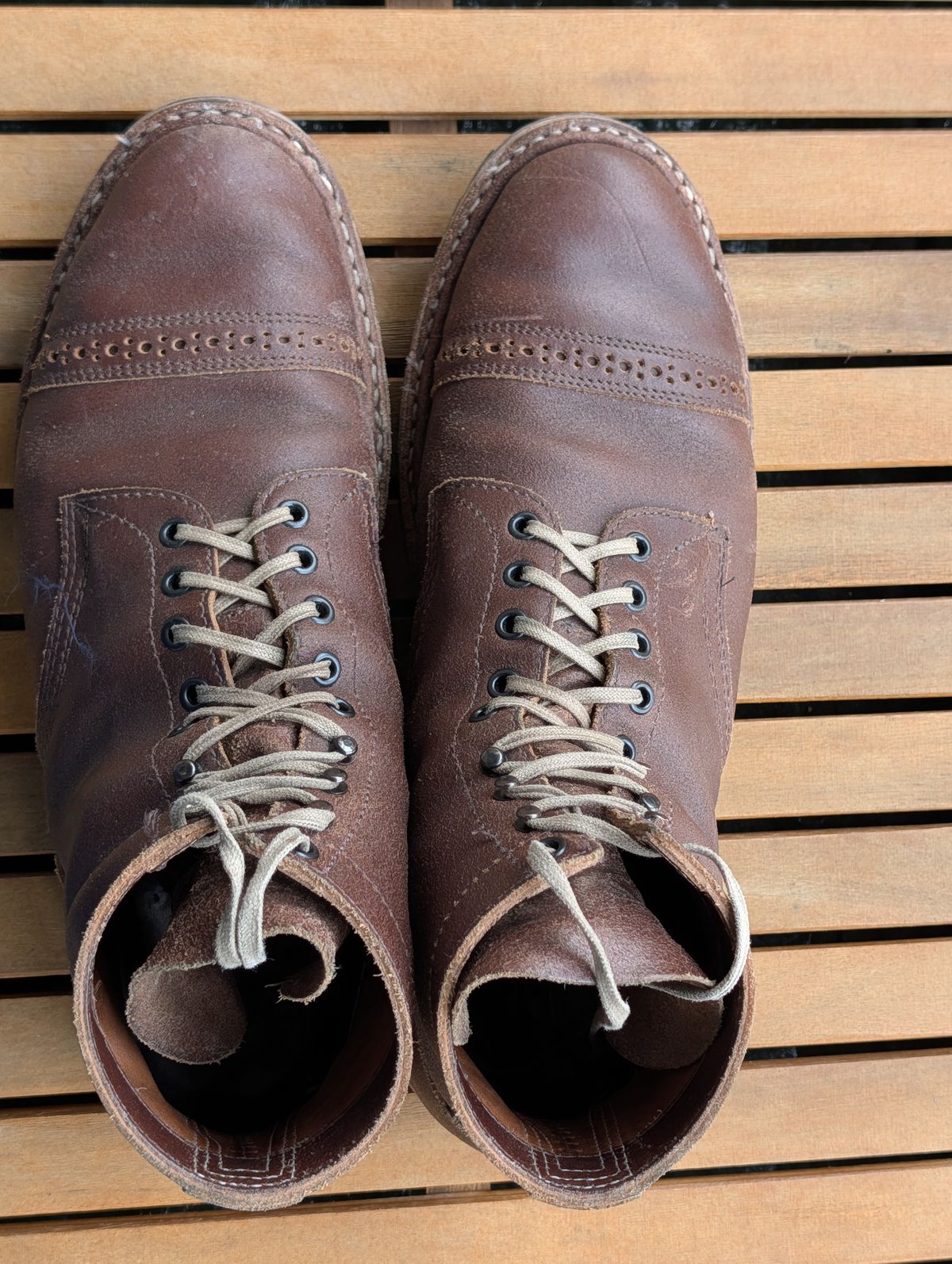 Photo by patina_colada on January 5, 2026 of the White's MP-Sherman Toe Cap in Horween Natural Waxed Flesh.