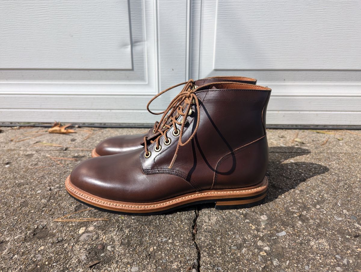Photo by spkissane on October 1, 2024 of the Grant Stone Diesel Boot in Horween Crimson Chromexcel.