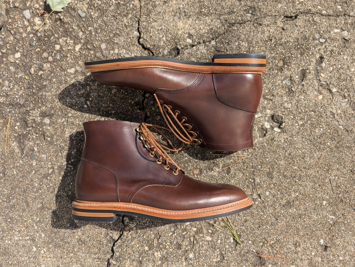 Photo by spkissane on October 1, 2024 of the Grant Stone Diesel Boot in Horween Crimson Chromexcel.