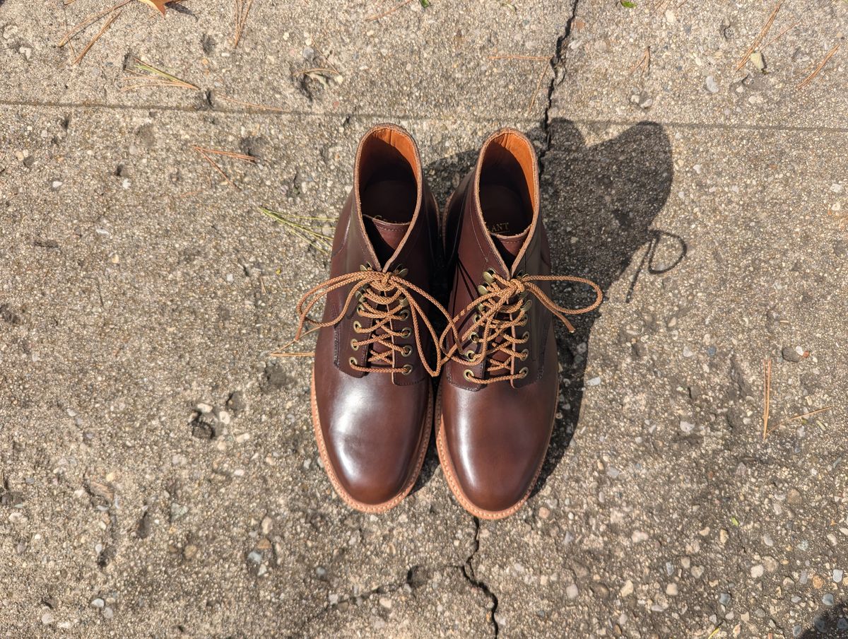 Photo by spkissane on October 1, 2024 of the Grant Stone Diesel Boot in Horween Crimson Chromexcel.
