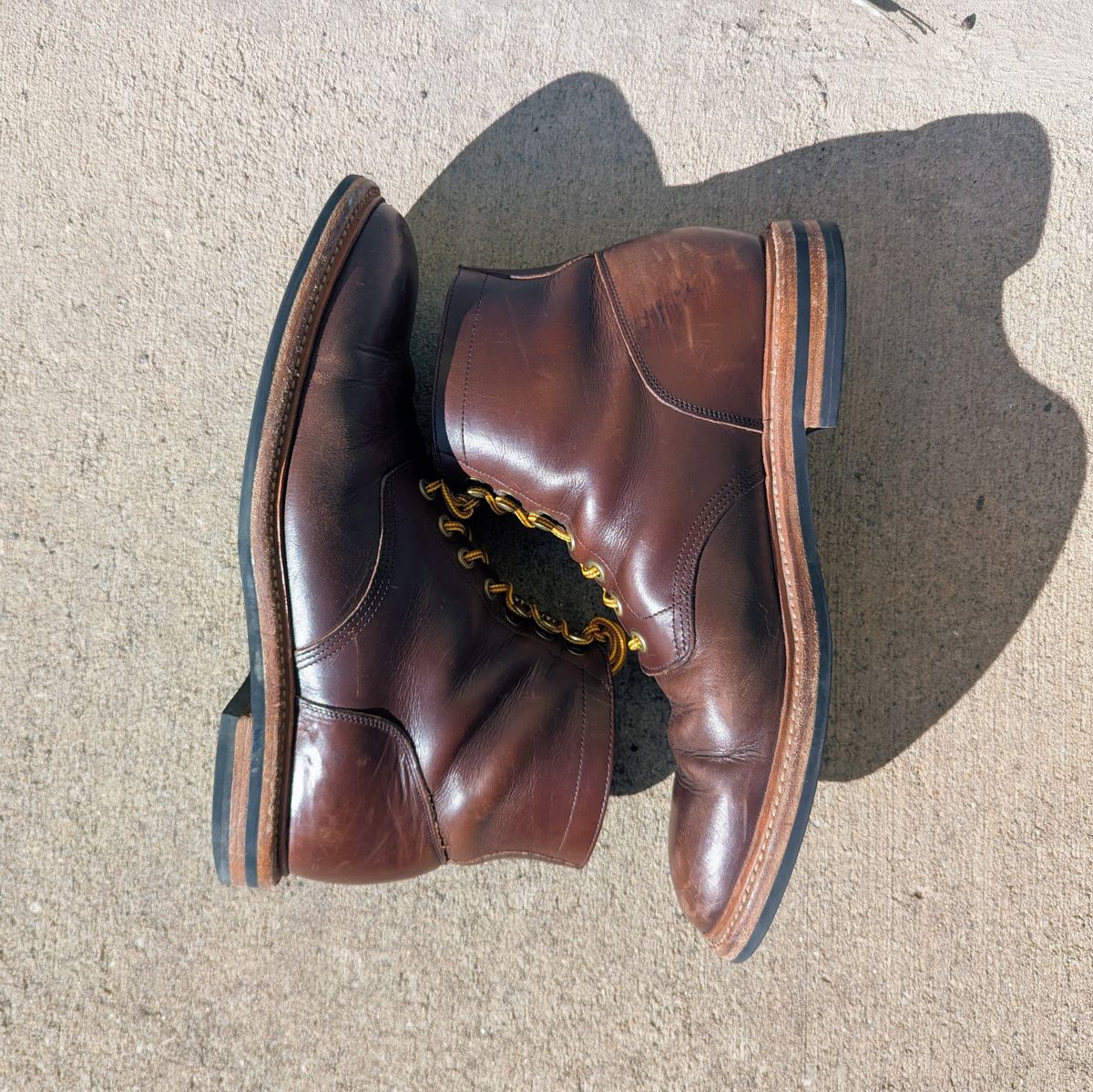 Photo by spkissane on March 2, 2025 of the Grant Stone Diesel Boot in Horween Crimson Chromexcel.
