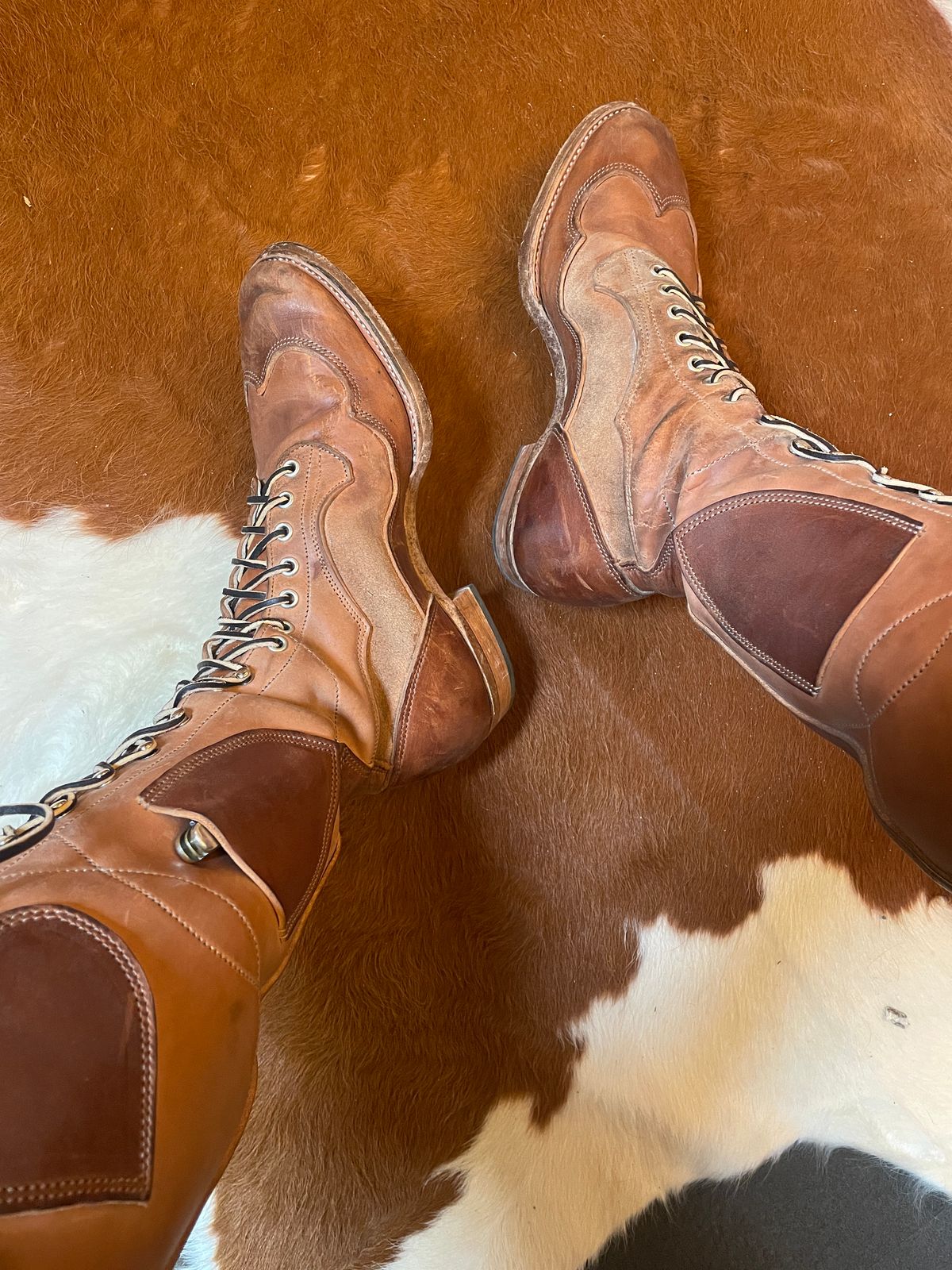 Photo by milokolb on October 16, 2025 of the Milo Kolb Tall Derby Boots in Guidi Flower Culatta Whiskey.