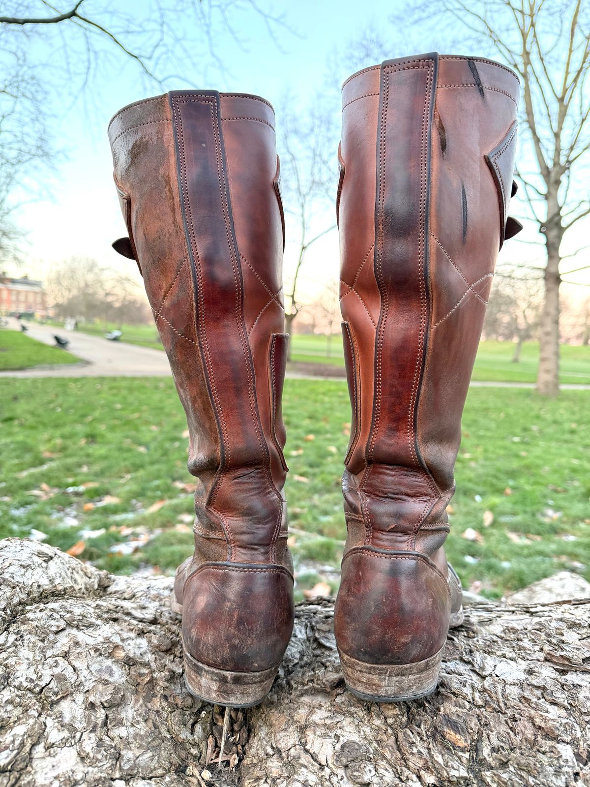 Photo by milokolb on January 5, 2026 of the Milo Kolb Tall Derby Boots in Guidi Flower Culatta Whiskey.