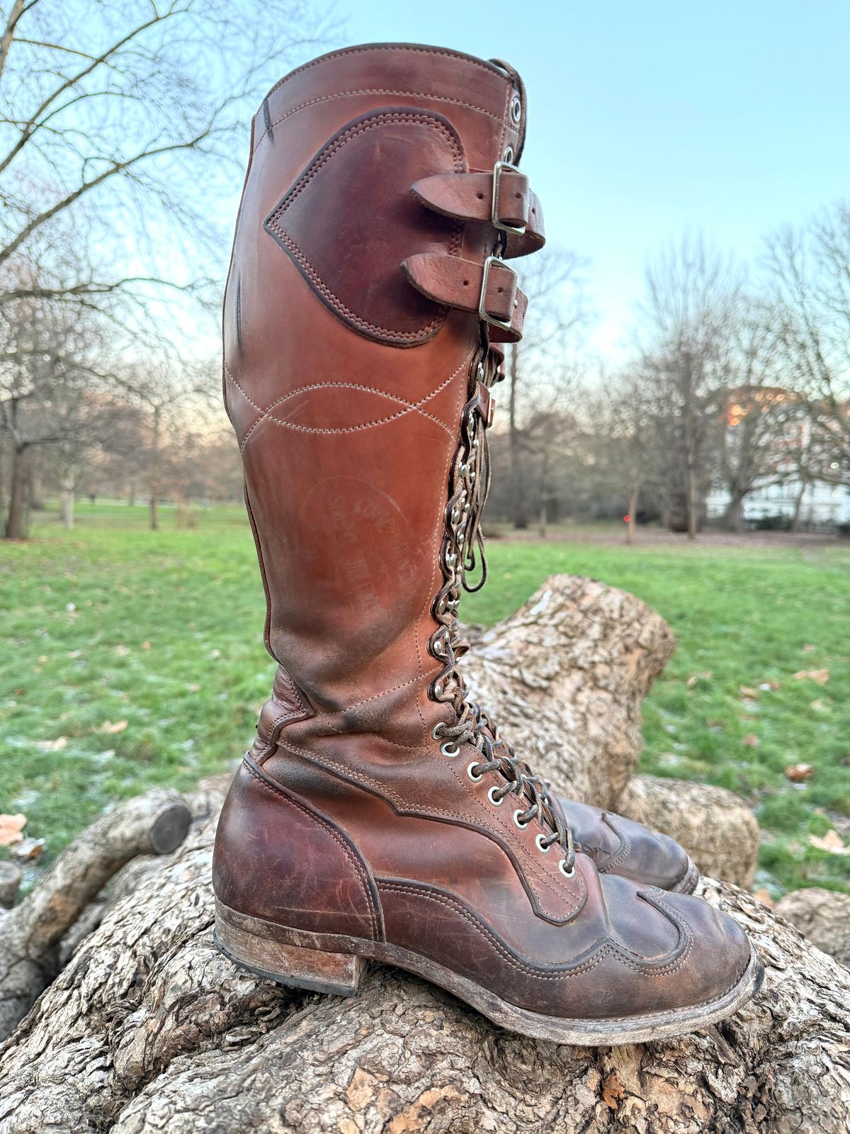 Photo by milokolb on January 5, 2026 of the Milo Kolb Tall Derby Boots in Guidi Flower Culatta Whiskey.