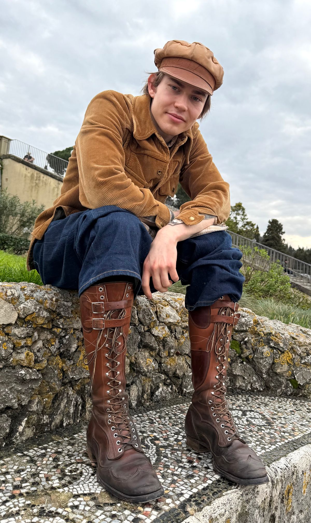 Photo by milokolb on March 3, 2026 of the Milo Kolb Tall Derby Boots in Guidi Flower Culatta Whiskey.