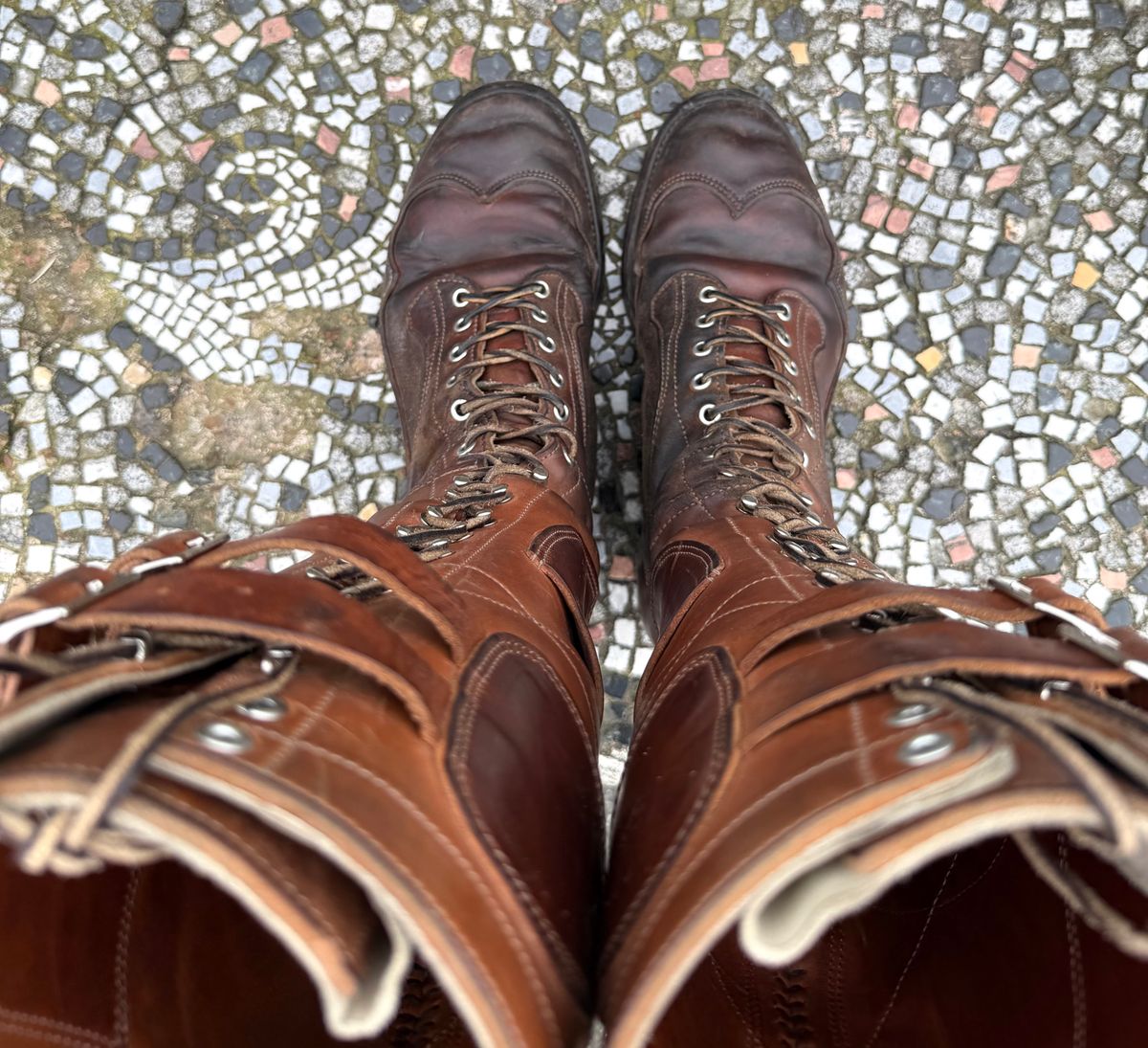 Photo by milokolb on March 3, 2026 of the Milo Kolb Tall Derby Boots in Guidi Flower Culatta Whiskey.