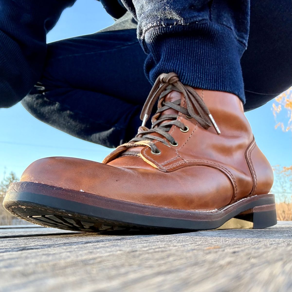 Photo by chris.8888 on November 15, 2025 of the Oldspeed MFG Service Boot 6” in Horween Russet Horsehide Strips.