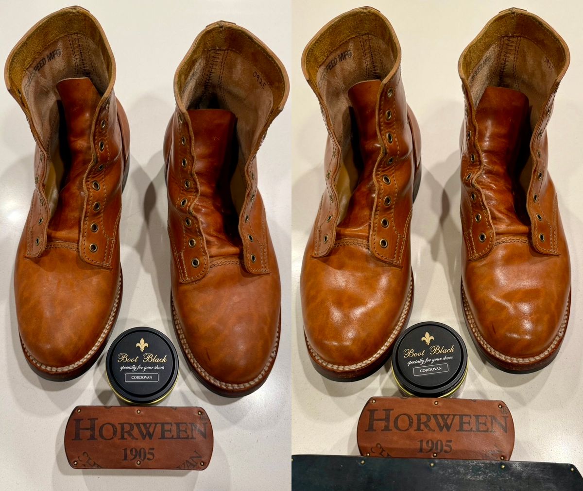 Photo by chris.8888 on December 1, 2025 of the Oldspeed MFG Service Boot 6” in Horween Russet Horsehide Strips.