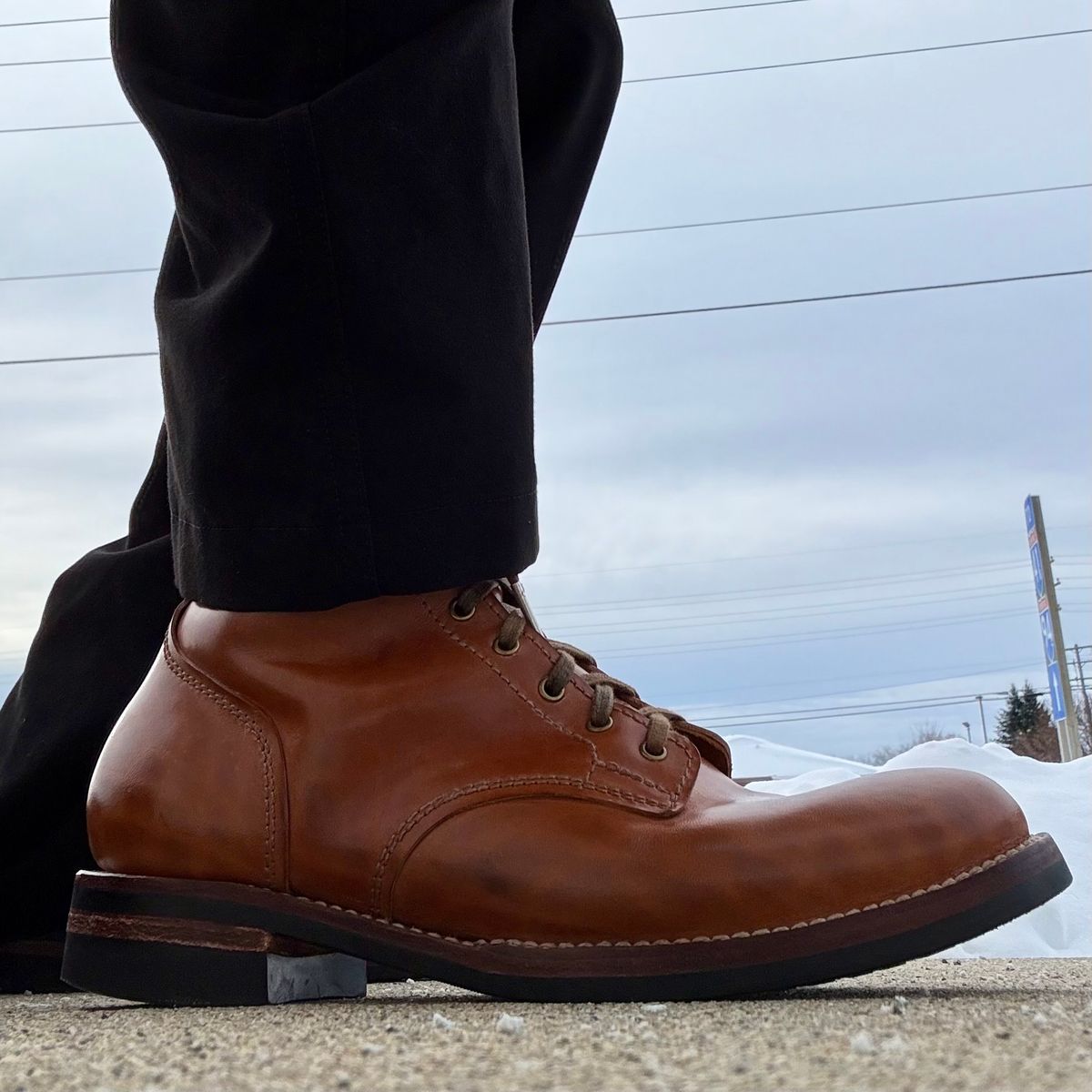 Photo by chris.8888 on December 1, 2025 of the Oldspeed MFG Service Boot 6” in Horween Russet Horsehide Strips.