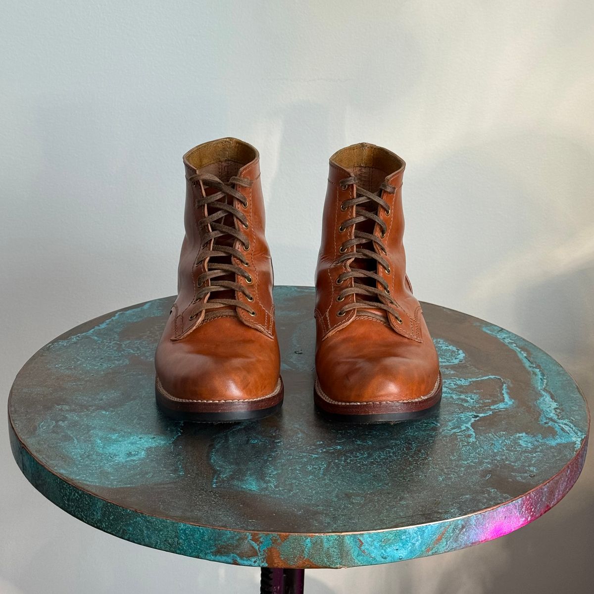 Photo by chris.8888 on December 1, 2025 of the Oldspeed MFG Service Boot 6” in Horween Russet Horsehide Strips.