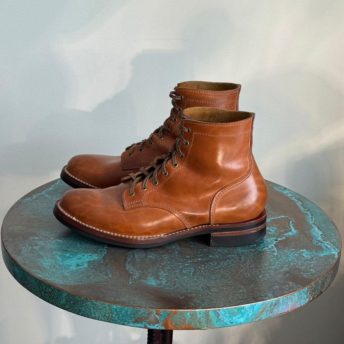 Photo by chris.8888 on December 1, 2025 of the Oldspeed MFG Service Boot 6” in Horween Russet Horsehide Strips.