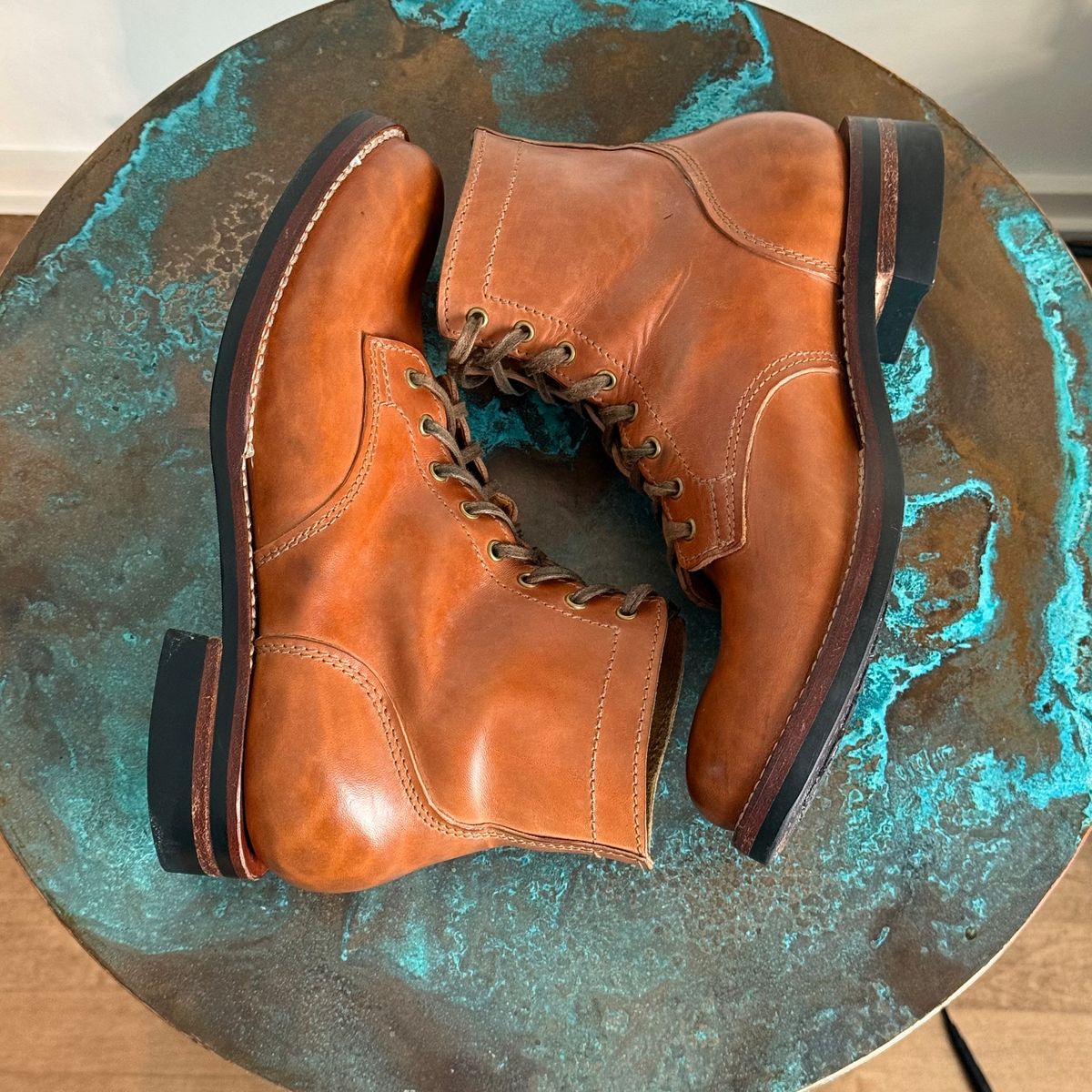 Photo by chris.8888 on December 1, 2025 of the Oldspeed MFG Service Boot 6” in Horween Russet Horsehide Strips.