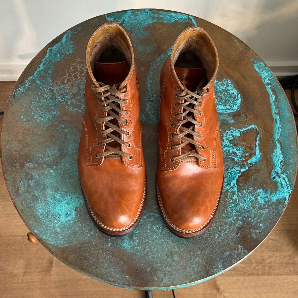 Photo by chris.8888 on December 1, 2025 of the Oldspeed MFG Service Boot 6” in Horween Russet Horsehide Strips.