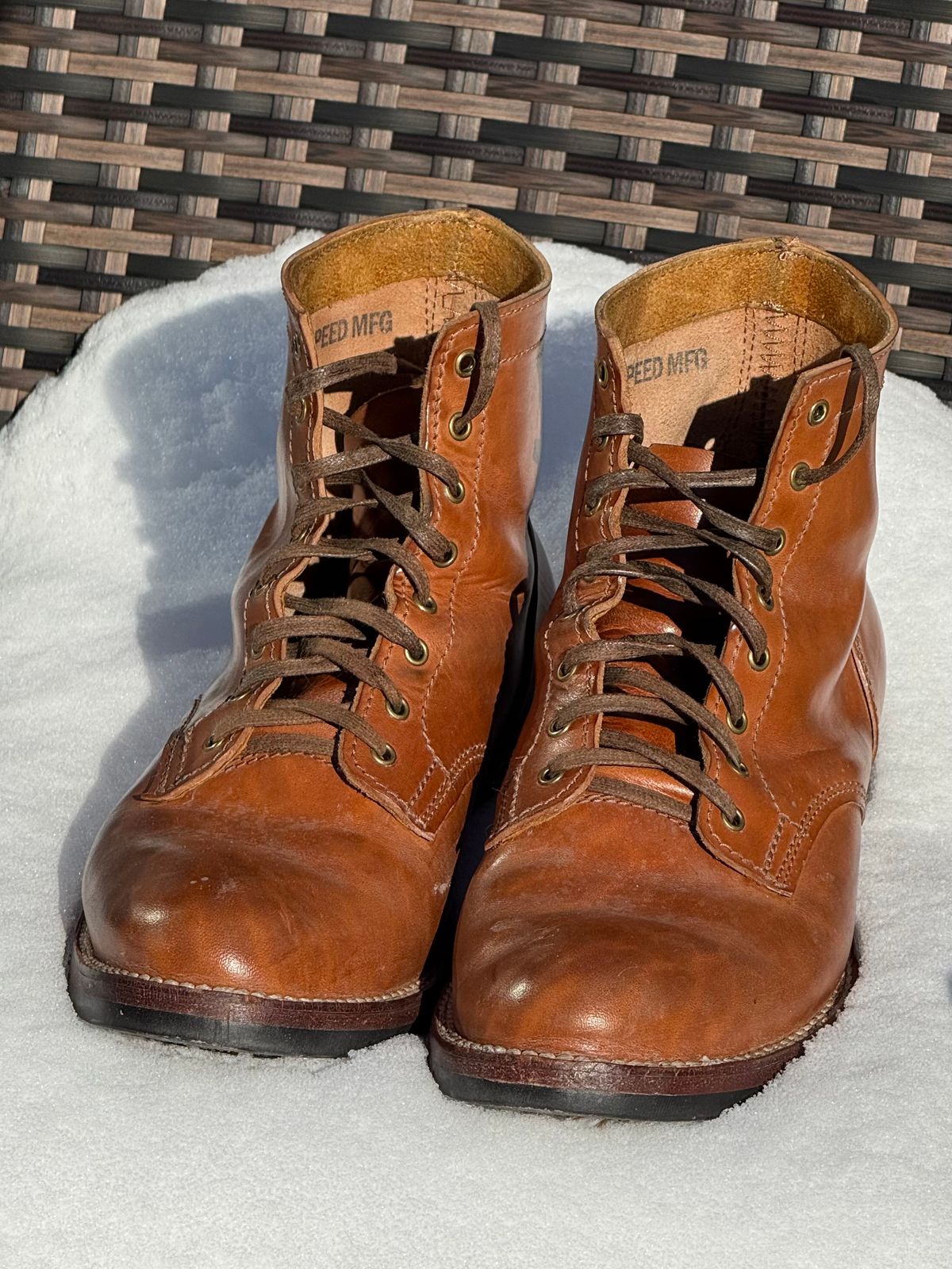 Photo by chris.8888 on December 7, 2025 of the Oldspeed MFG Service Boot 6” in Horween Russet Horsehide Strips.