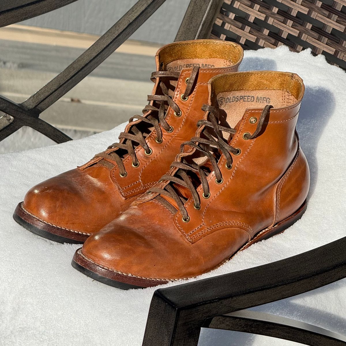 Photo by chris.8888 on December 7, 2025 of the Oldspeed MFG Service Boot 6” in Horween Russet Horsehide Strips.