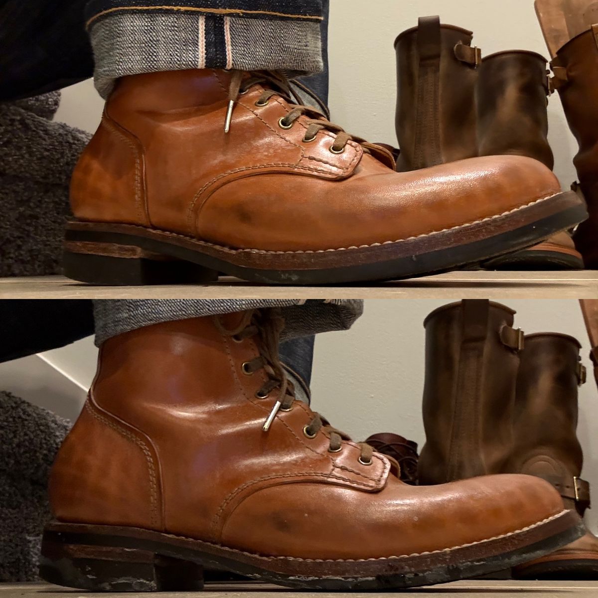 Photo by chris.8888 on January 19, 2026 of the Oldspeed MFG Service Boot 6” in Horween Russet Horsehide Strips.