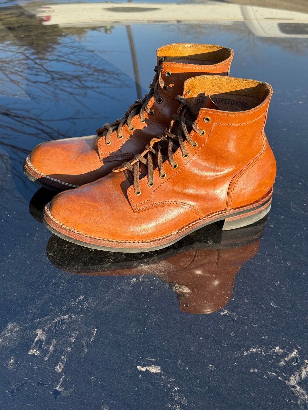 Photo by chris.8888 on February 13, 2026 of the Oldspeed MFG Service Boot 6” in Horween Russet Horsehide Strips.