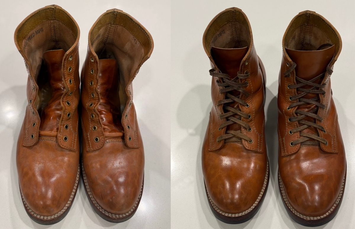 Photo by chris.8888 on February 19, 2026 of the Oldspeed MFG Service Boot 6” in Horween Russet Horsehide Strips.
