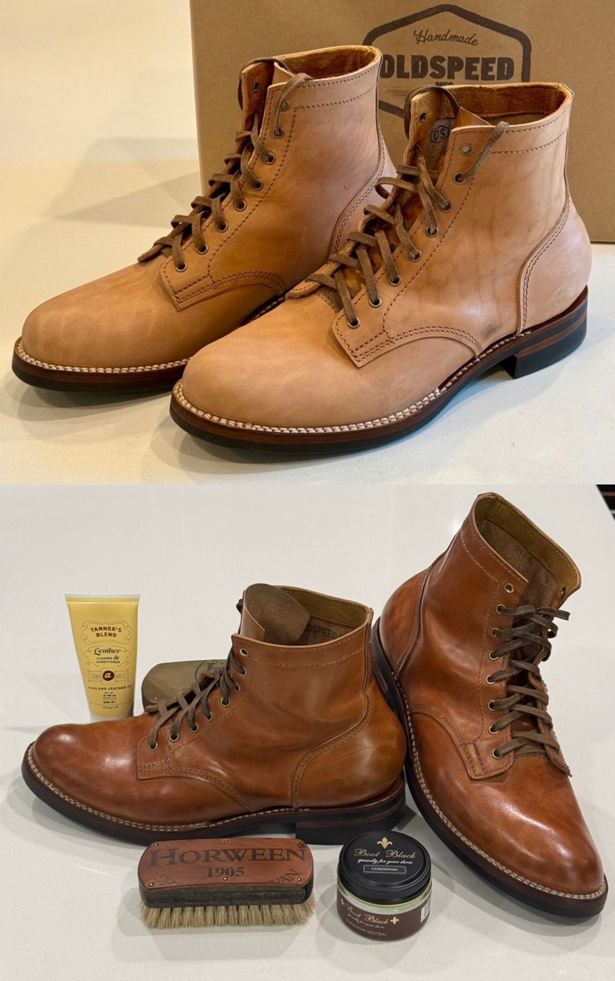 Photo by chris.8888 on February 19, 2026 of the Oldspeed MFG Service Boot 6” in Horween Russet Horsehide Strips.