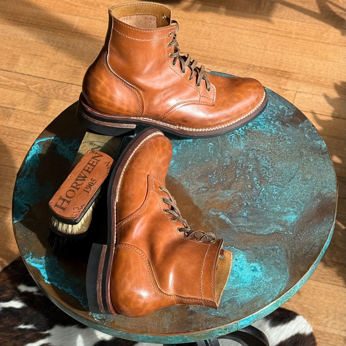 Photo by chris.8888 on March 1, 2026 of the Oldspeed MFG Service Boot 6” in Horween Russet Horsehide Strips.