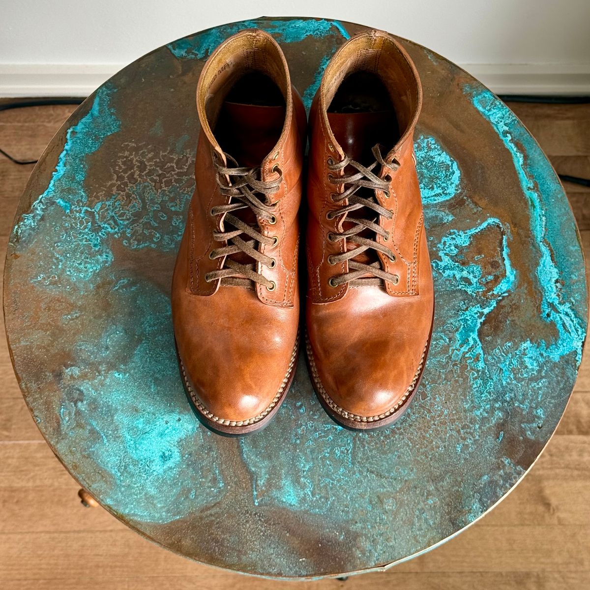 Photo by chris.8888 on March 1, 2026 of the Oldspeed MFG Service Boot 6” in Horween Russet Horsehide Strips.