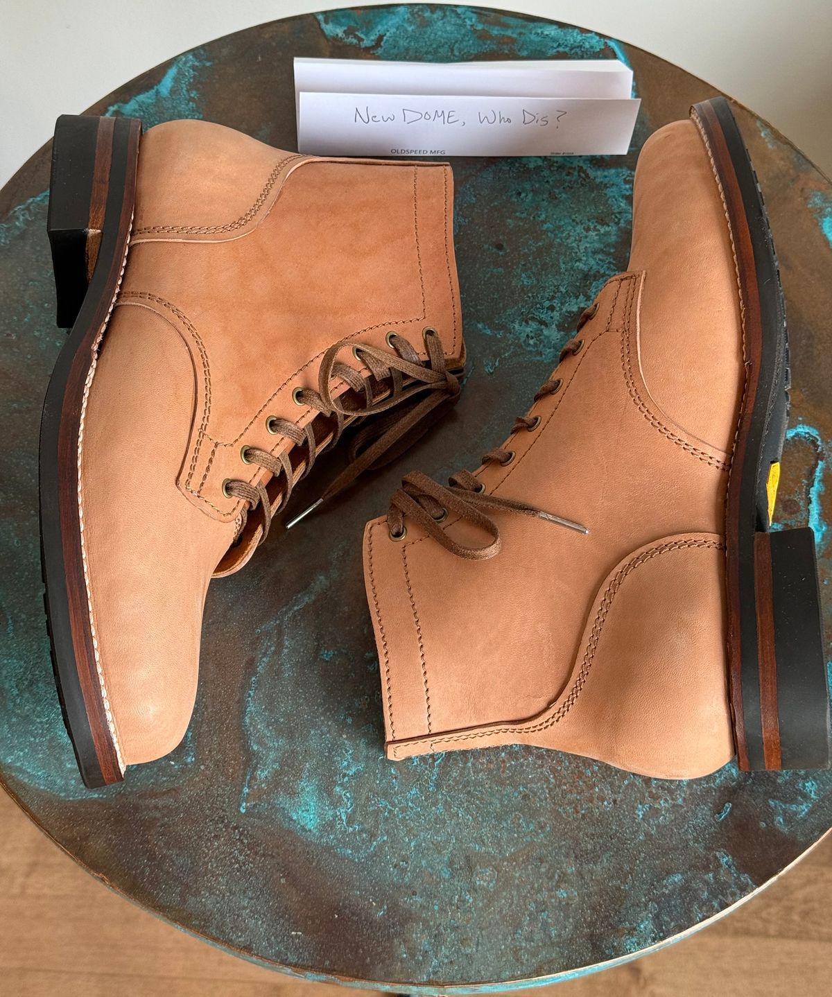 Photo by chris.8888 on October 1, 2025 of the Oldspeed Service Boot 6” in Horween Russet Horsehide Strips.