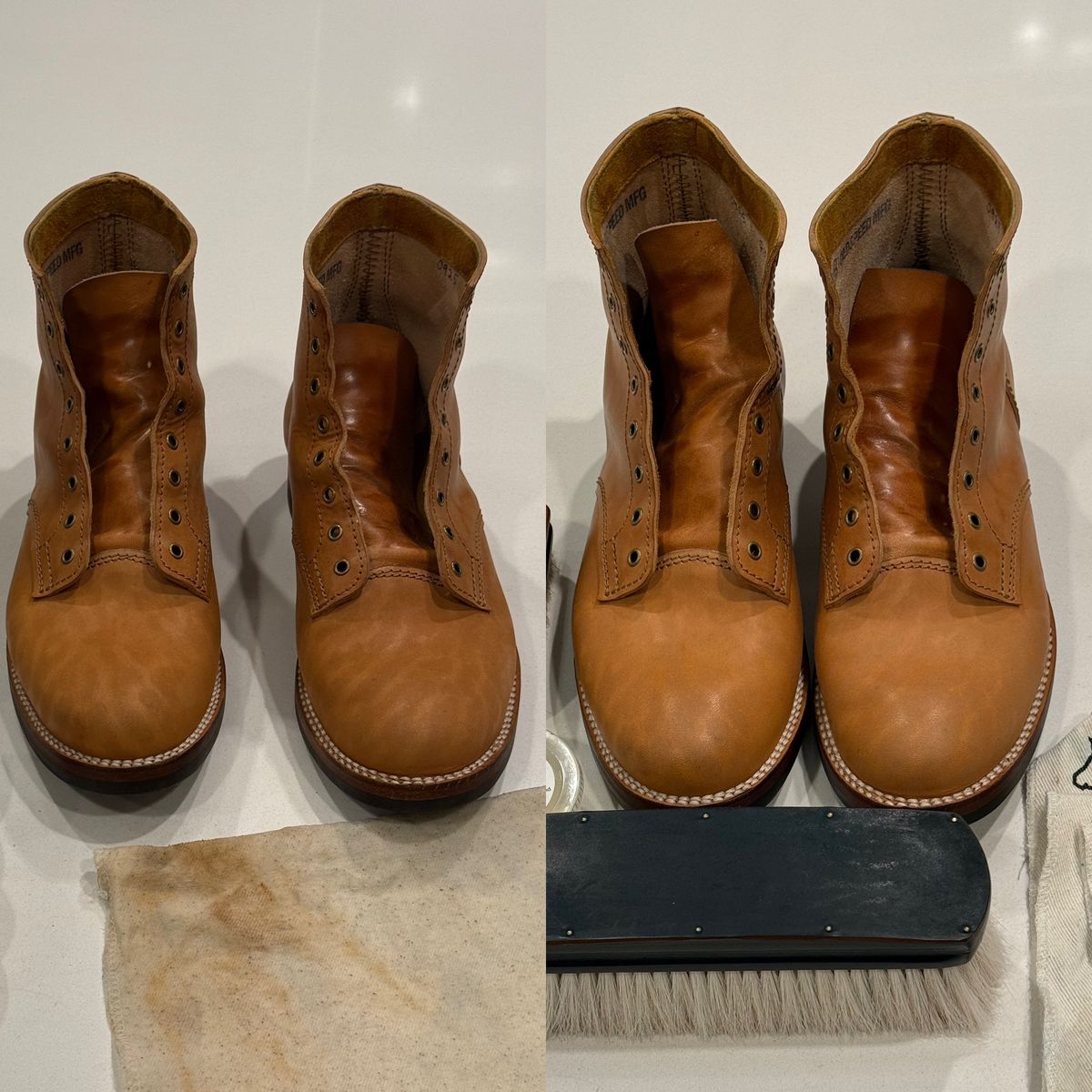 Photo by chris.8888 on October 12, 2025 of the Oldspeed Service Boot 6” in Horween Russet Horsehide Strips.