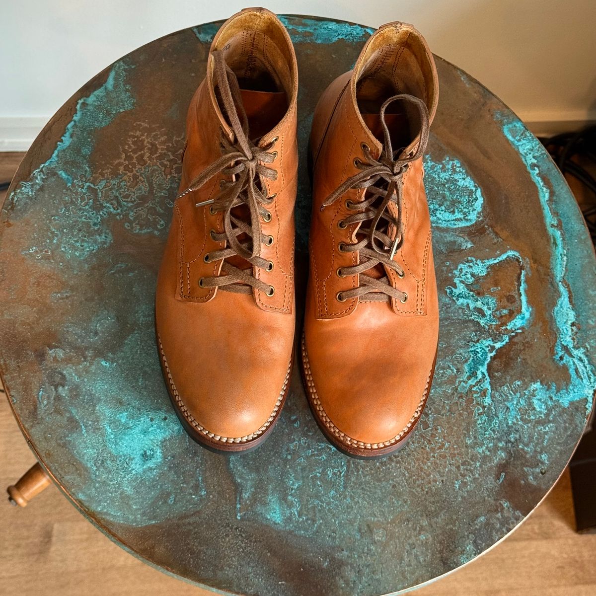 Photo by chris.8888 on November 1, 2025 of the Oldspeed Service Boot 6” in Horween Russet Horsehide Strips.