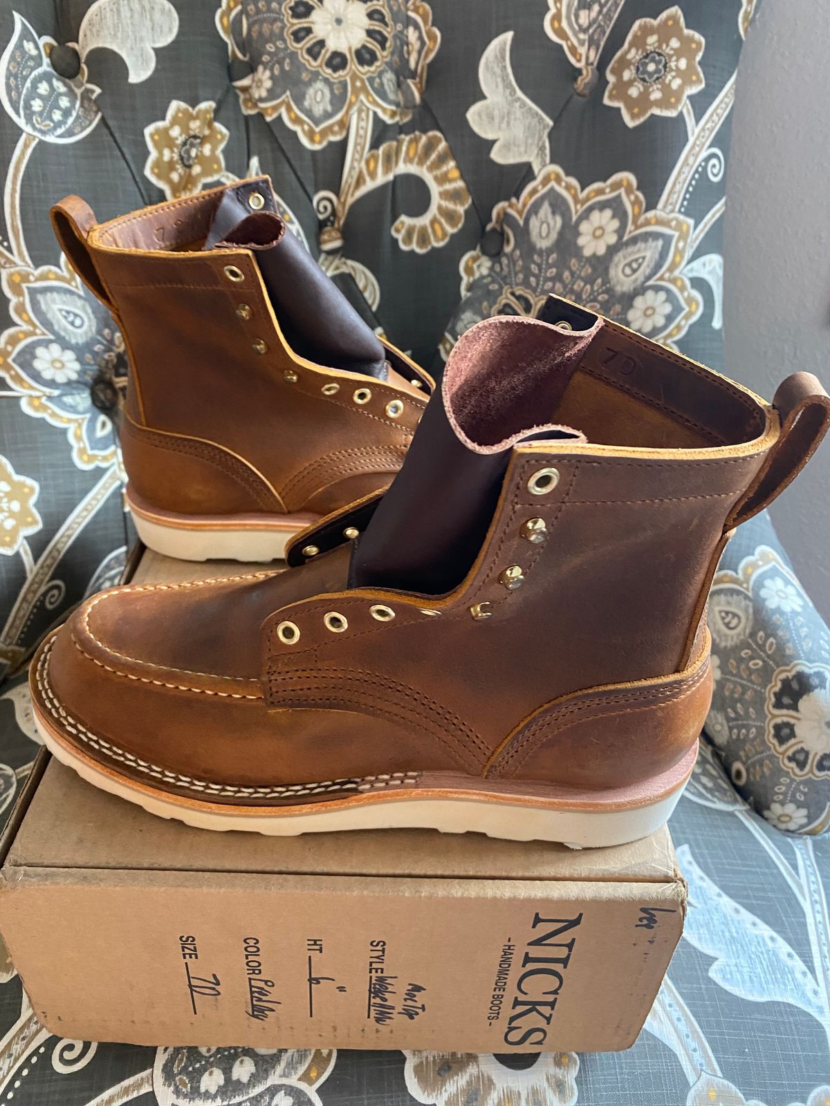 Photo by chris.8888 on July 24, 2024 of the Nicks Moc Toe in Horween Orange Predator.
