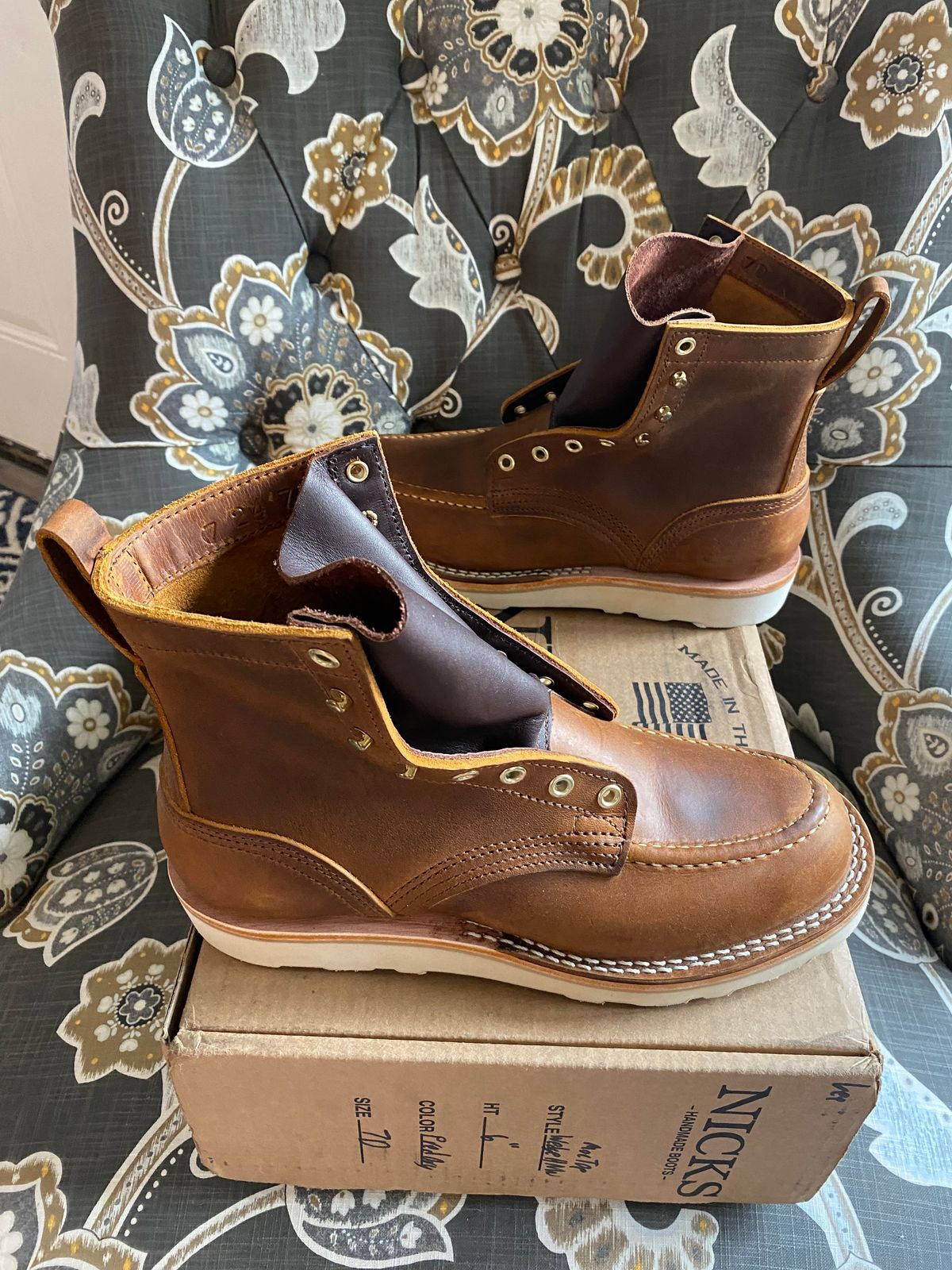 Photo by chris.8888 on July 24, 2024 of the Nicks Moc Toe in Horween Orange Predator.