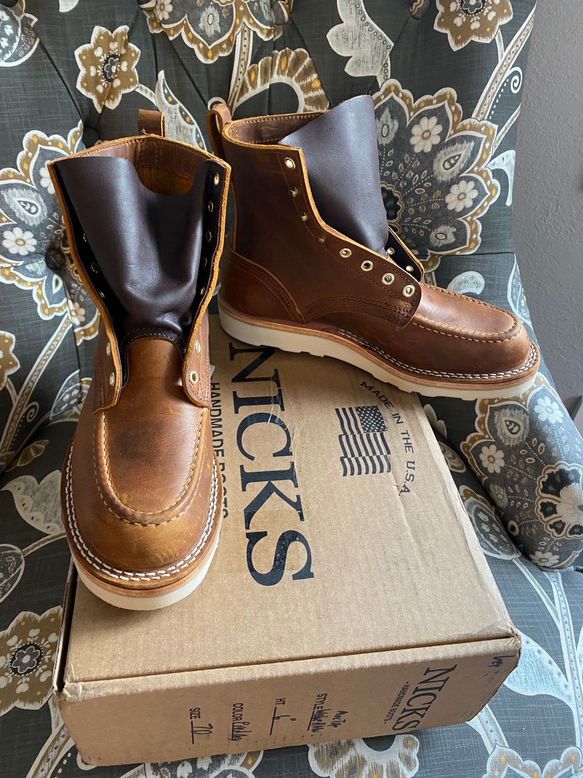 Photo by chris.8888 on July 24, 2024 of the Nicks Moc Toe in Horween Orange Predator.