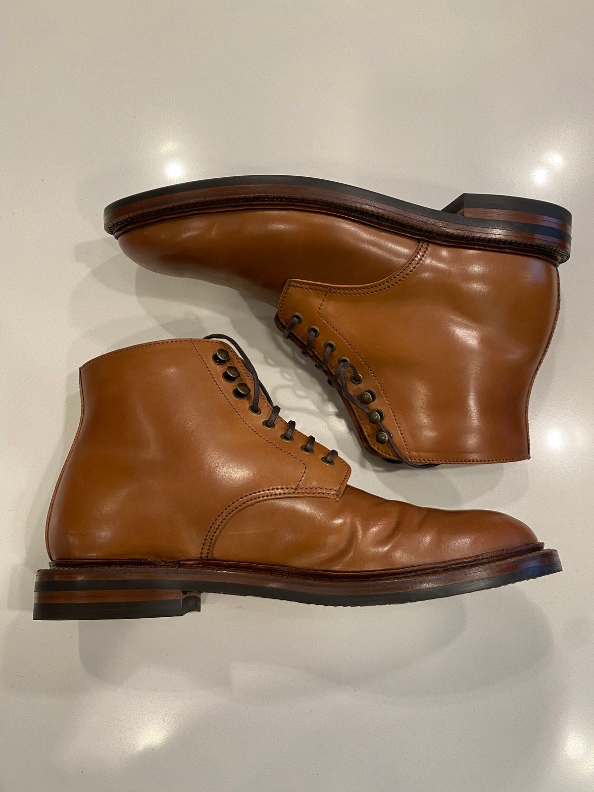 Photo by chris.8888 on May 7, 2025 of the Grant Stone Edward Boot in Horween Honey Glazed Shell Cordovan.