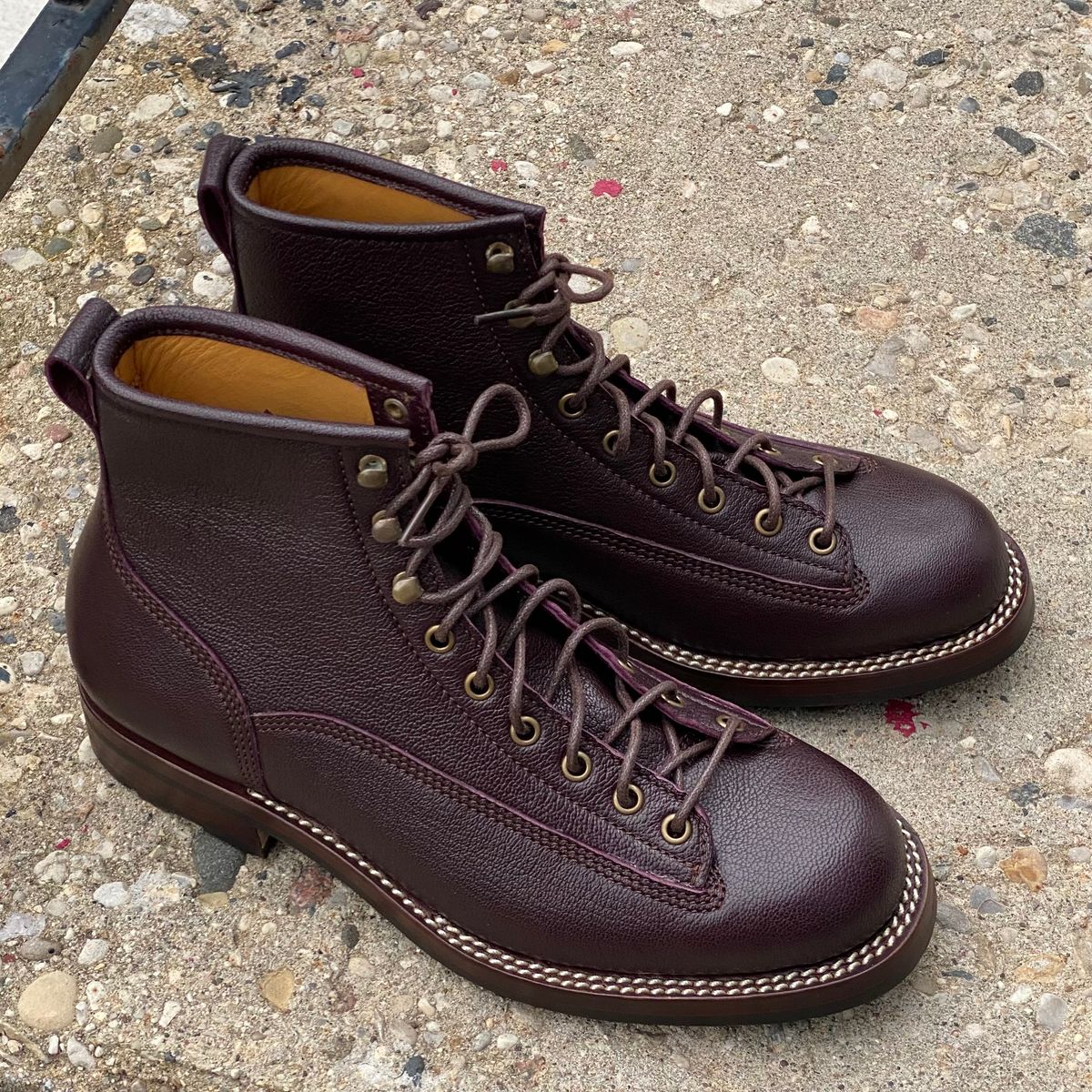 Photo by chris.8888 on July 23, 2024 of the Caswell Boot Company Carver in Tusting & Burnett Burgundy Bookbinding Goat.