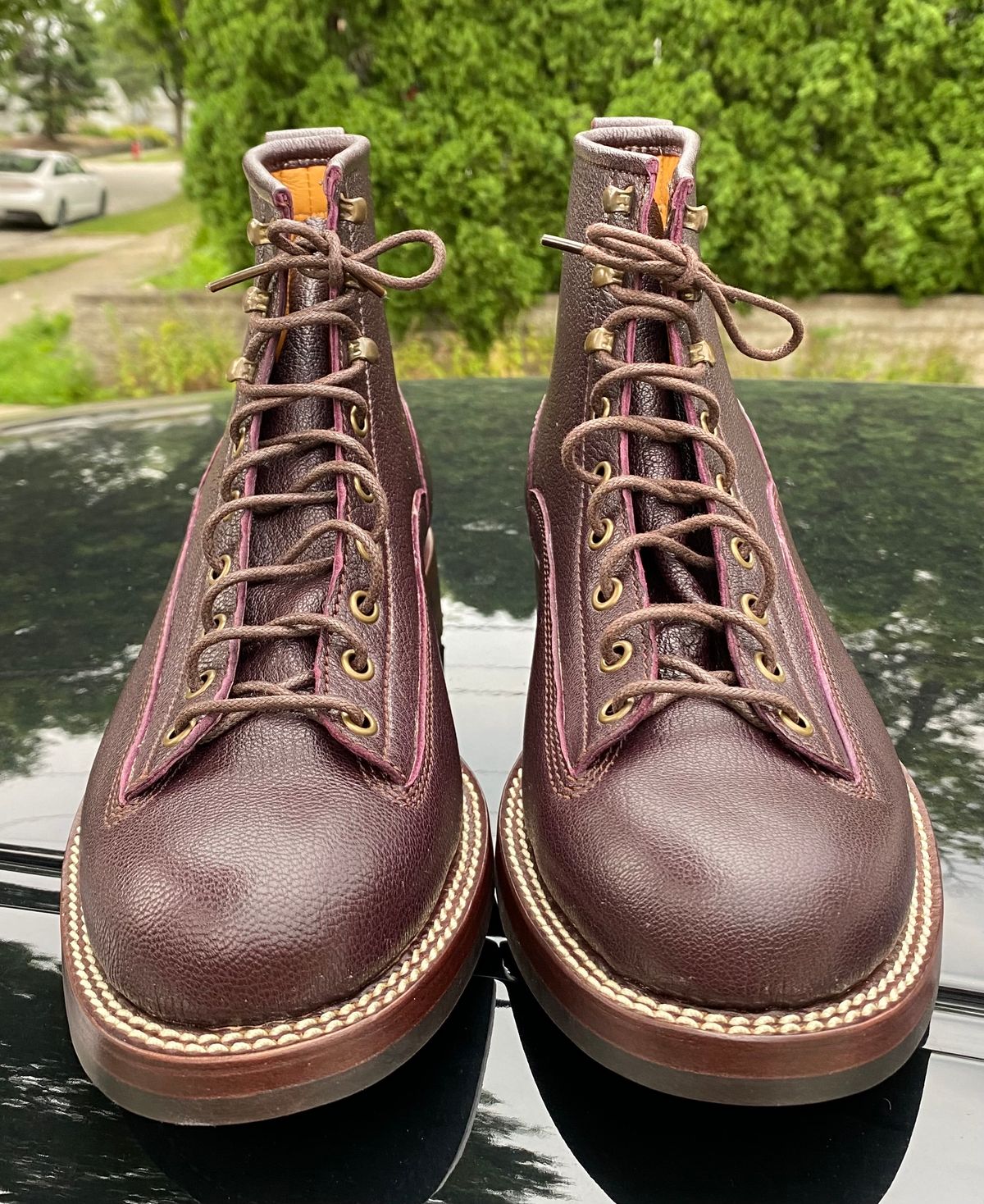 Photo by chris.8888 on July 23, 2024 of the Caswell Boot Company Carver in Tusting & Burnett Burgundy Bookbinding Goat.