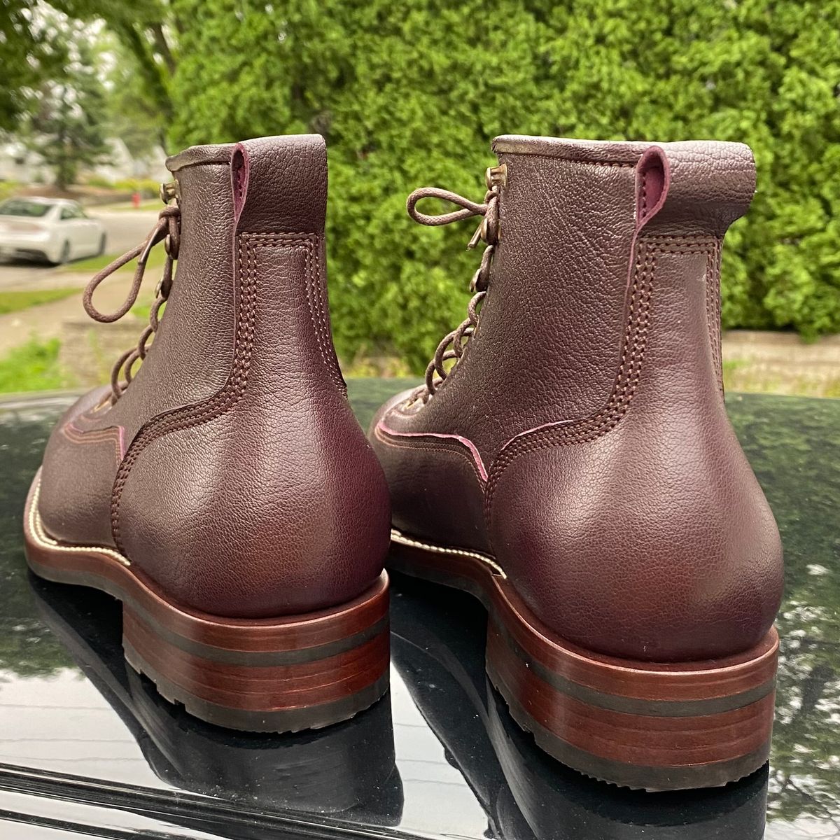 Photo by chris.8888 on July 23, 2024 of the Caswell Boot Company Carver in Tusting & Burnett Burgundy Bookbinding Goat.